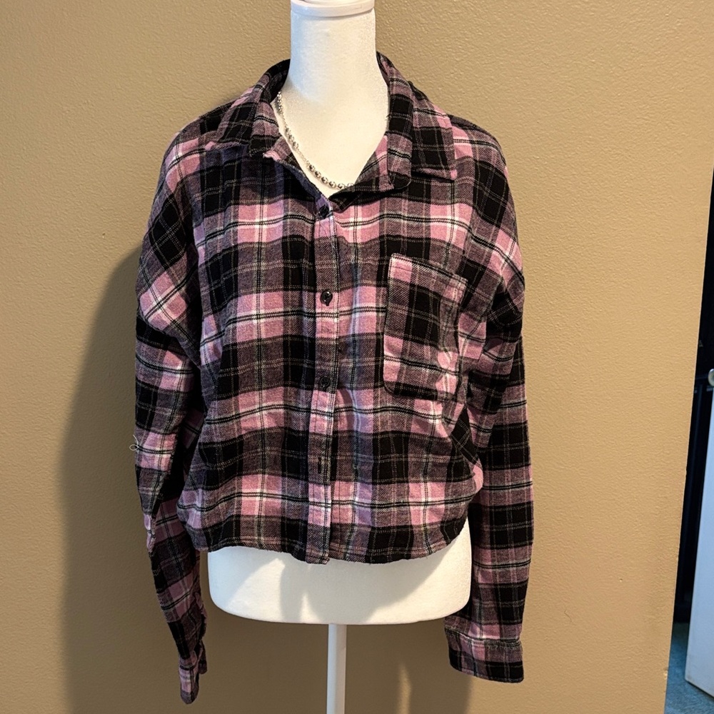Relaxed Pink & Black Plaid Button-Down Shirt